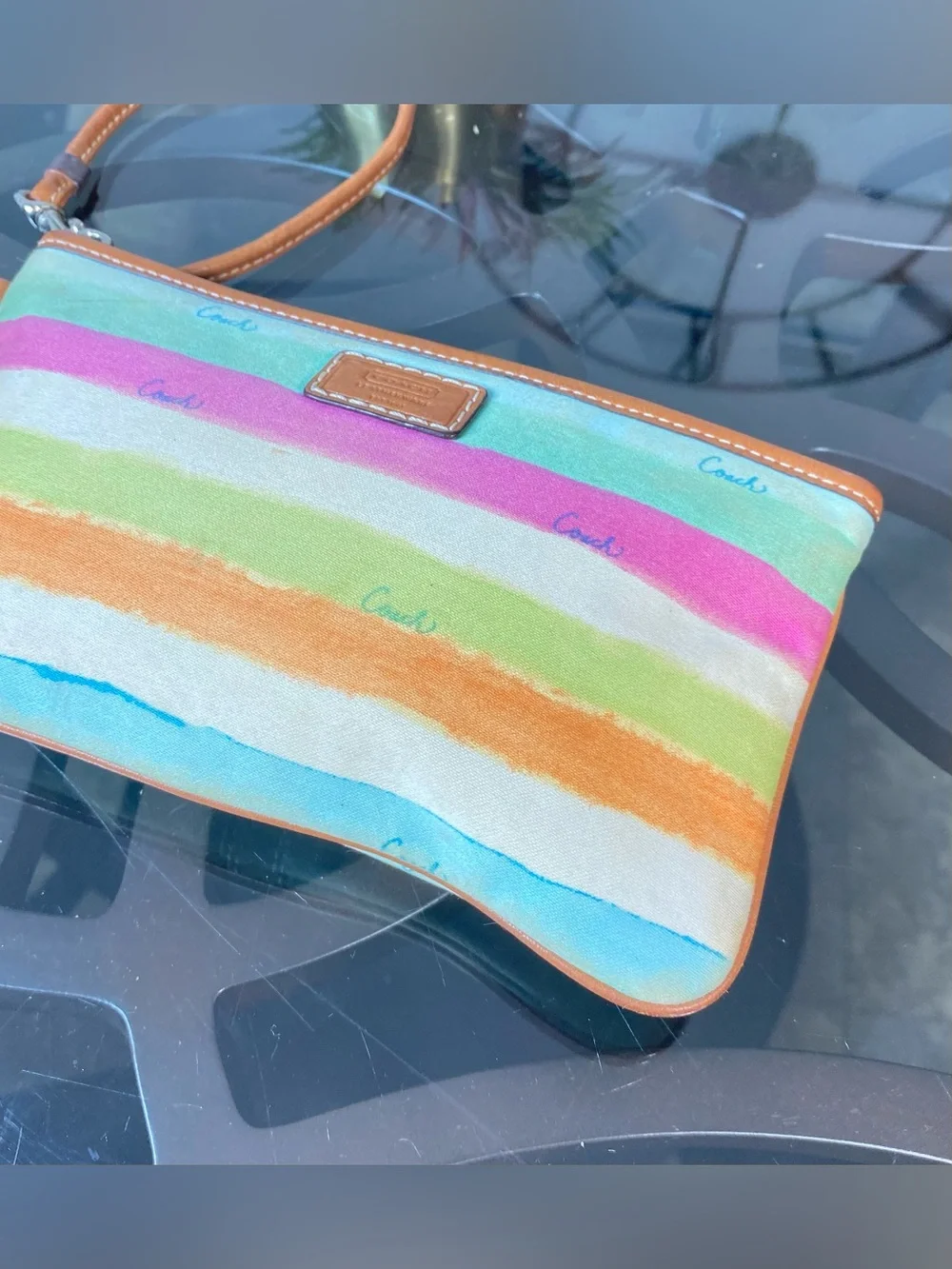 Coach Watercolor Rainbow Stripe Canvas Leather Wristlet Pouch Multicolor 41202
